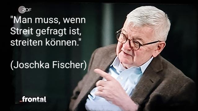 Joschka Fischer, zeigefinger, zitat:

"Man muss, wenn Streit gefragt ist, streiten können."