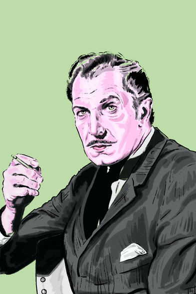 digital pencil & ink illustration of horror masterpiece & decent fellow, vincent price, seen here raising an eyebrow at you as he drapes himself over a basic chair, a lung dart nestled elegantly between the fingers of his right hand. 
colours are minimal: black, muted acid green & cold pale pink.