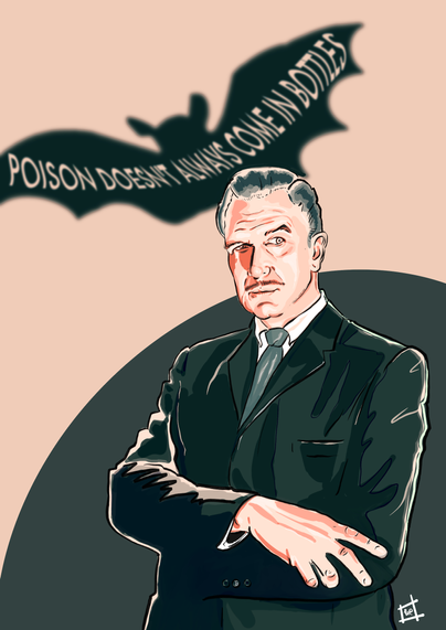 digital ink illustration of horror legend, vincent price. 
in 3/4 profile, his right arm folded over his left, vincent casts a keen eye at something unseen by us. his eyebrow is raised in a rather bemused fashion.
above him, the shadow of a bat floats, wings outstretched. the text, 'poison doesn't always come in bottles' is displayed across the width of the bat.
colours are coral, cream & various shades of blue spruce.