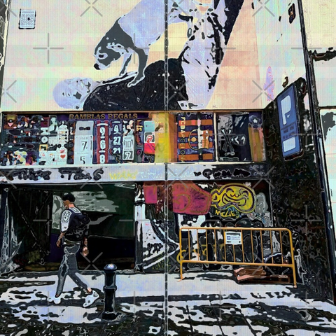 Barcelona digital edited street photography, made with the GNU Image Manipulation Program + Corvo's Painting 5 + Grid BW Color (G'MIC-Qt).