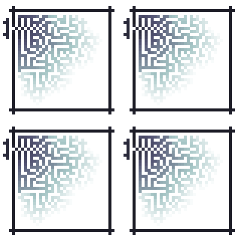 a picture, mostly white with four blocky structures that all look alike emerging from the white. They all have a border and an imperfection to the top left, from where a different, maze or plant like pattern emerges into the squares.