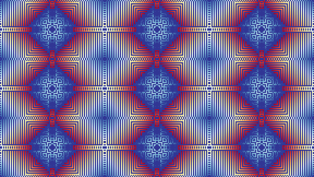 a chaotic and mesmerizing array of three by three patterns of lines in a colour, almost heatmap alike gradient from red to blue via white-yellow