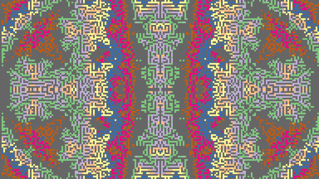 a chaotic and almost trippy image of a mazelike structure with circular rings and belts. its colours range from red to marine blue, light green, purple to a light brown in the background