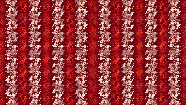 a vertical striped pattern of red and white-red bands with an imperfect but repetitive border. the whole image is structured like a maze