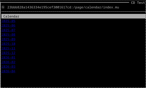 screenshot of terminal window with a long alphanumerical address at the top and a text container. Container has a heading that simply says, "Calendar." Below that are 12 hyperlinks for the next twelve months of the year.