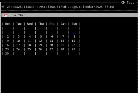 Screenshot of a text rendering of a calendar for June 2025. Sunday, June first, is highlighted blue and underlined, indicating that it is a hyperlink.