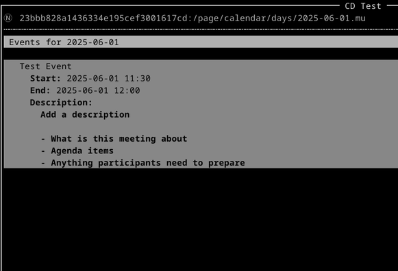 Screenshot of a body of text describing an event called Test Event. Start and end times are included, as well as a text field for an event description.