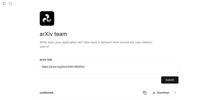 Input screen of "arXiv team" tool where I input the weblink to an arxiv article on neural cellular automata.