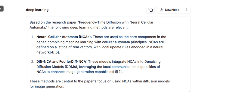 Screenshot showing the part of the summary generated by the "Deep Learning Researcher Agent" under the heading "deep learning" on the upper left.