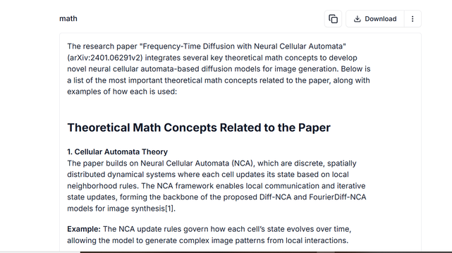 Screenshot showing part of the article summary generated by the Theoretical mathematician agent under the heading "math" on the upper left.
