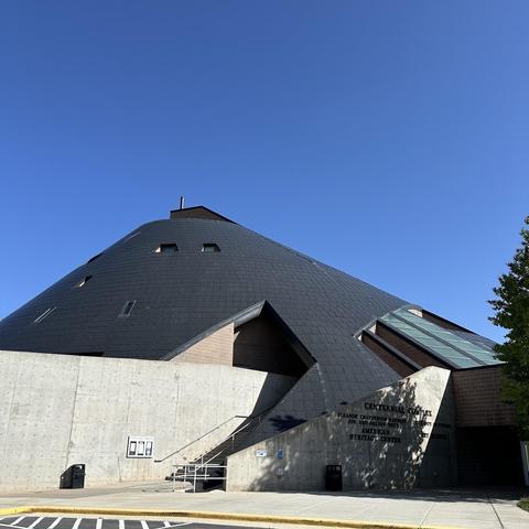 The outside grey dome of the American Heritage Center at the University of Wyoming.