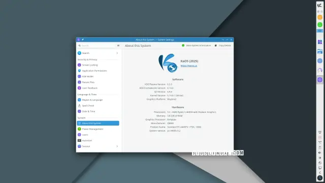Screenshot of KaOS 2025.05 with the KDE Plasma 6.3.5 desktop environment showing the System Settings app.