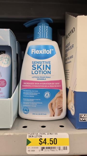 Photo of Flexitol 250ml (8.45 fl oz) sensitive skin lotion in pump container. Increases skin hydration by 50%. For sensitive, itchy skin. Free from petrochemicals, parabens & fragrances. Clinically proven. Australian made & owned.