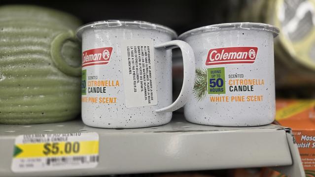 Coleman brand citronella candle in a camp enamel metal mug with handle. Colour is white stone with speckles. Burns up to 50 hours. Scented citronella candle. White pine scent.