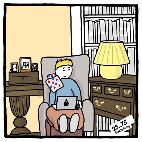 Pictured sitting in armchair nursing hot water bottle on my shoulder. Backgrounded by bookshelf and books, old cupboard with yellow lamp on it. And an antique table with box and pictures on it. I had fallen asleep watching stuff on my laptop