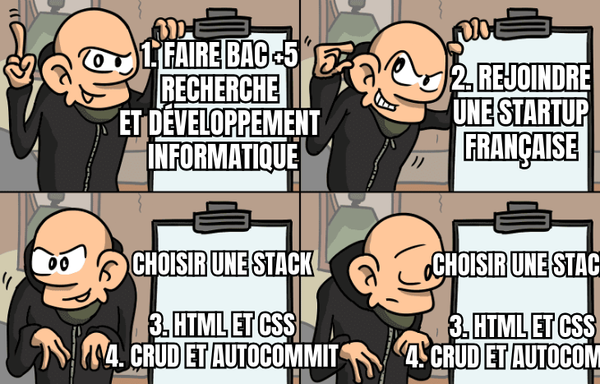 Quatre cases dans un mème sarcastique, avec un prof qui explique la carrière d'un ingénieur en France:

1. 🤓 faire un bac+5 recherche et développement informatique
2. 🤑 rejoindre une startup française
3. 🤗 choisir une stack: a) html et css b) crud et autocommit
4. 🫣 choisir une stack: a) html et css b) crud et autocommit