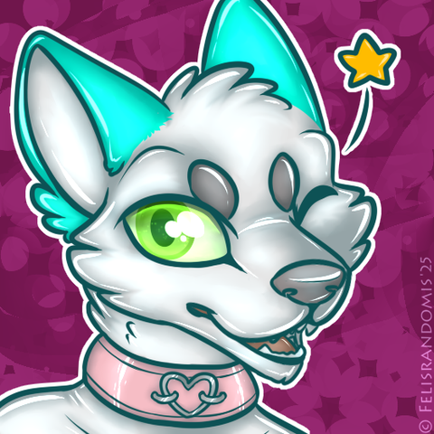 Digital art of a rubber wolf character made for an icon. They are winking at the viewer and wearing a pink color with a heart shaped ring.