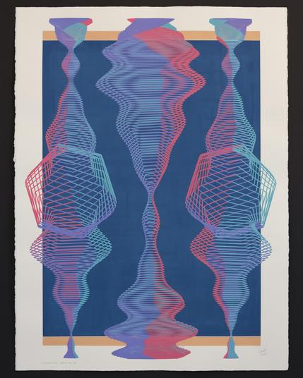 An abstract painting produced by a robotic pen plotter using a generative algorithm. Layered hexagonal forms of red, teal, and purple on top of a blue and tan background on white paper.