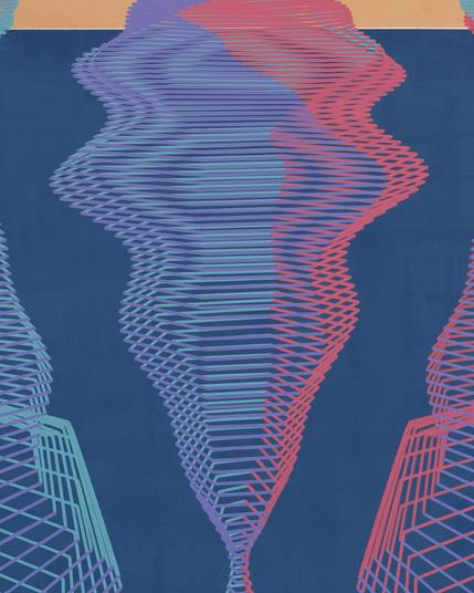 Closeup of an abstract painting produced by a robotic pen plotter using a generative algorithm. Layered hexagonal forms of red, teal, and purple on top of a blue and tan background on white paper.