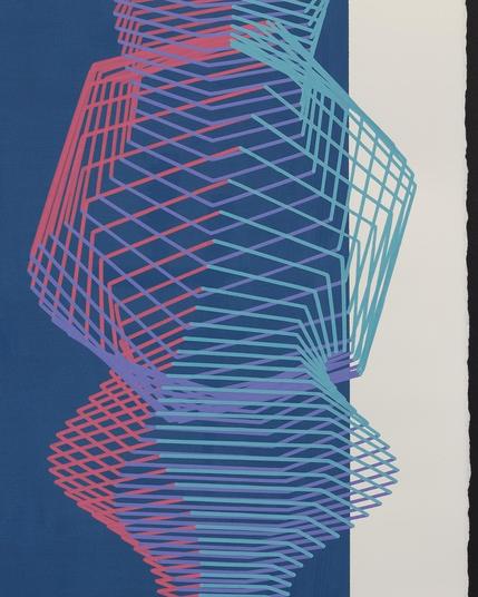 Closeup of an abstract painting produced by a robotic pen plotter using a generative algorithm. Layered hexagonal forms of red, teal, and purple on top of a blue and tan background on white paper.