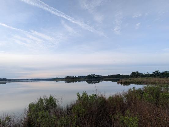 Photo of a calm morning sunrise over Harris Creek sun rising low to the left behind a gauzy grey cloud layer. A pale rainbow Sundog sits at 90° on a partial circumsolar arc. Marsh is green with riotous spring growth. Creek water is mirror flat and reflects the sun, sky and clouds.