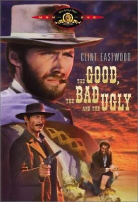 A publicity picture for the good the bad and the ugly. A lot of picture of Clint Eastwood is flanked by smaller pictures of Lee van Cleef and Eli Wallach.