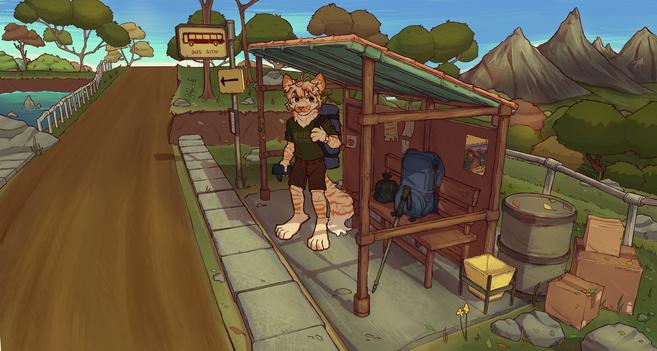 An anthropomorphic character in a new change of clothes waits at a wooden bus stop, surrounded by trees and a very pretty scenery! the shadows imply that it was almost sunset, he has his hiking gear nearby, resting on the bench. Wooden boxes and a barrel, as well as a trash can sit at the side of the stop, suggesting a rural outpost. To the left edge of the piece, a river flows under the road that continues onto the horizon.