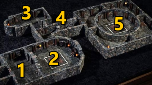 A five room dungeon built with Dwarven Forge, its rooms numbered one through five.