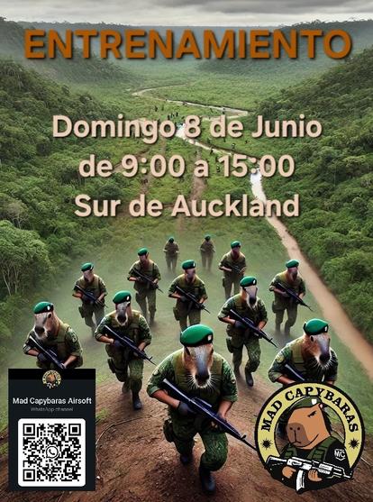 Unos 12 soldados antropomórficos con cabeza de capibara ataviados con el equipo de combate y boinas verdes, marchan colina arriba con la jungla a los lados.