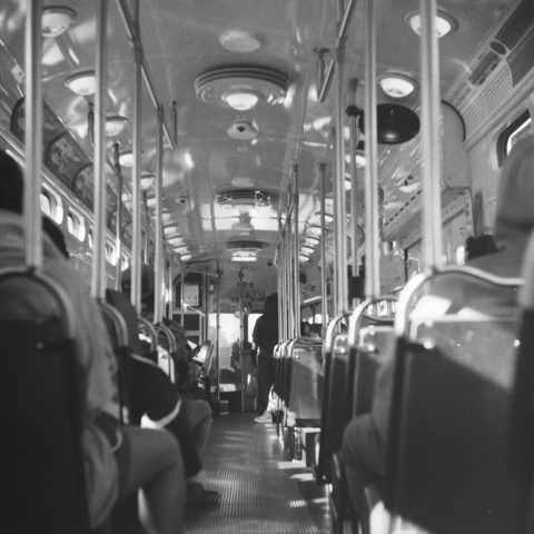 I took this from the back seat, looking towards the front.  so you see the backs of seats and people's heads.  everything is a bit sun-dappled.