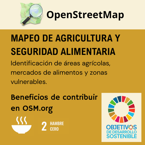 Es una imagen que dice arriba OpenStreetMap. En la mitad tiene el texto:
Mapeo de agricultura y seguridad alimentaria
Identificación de áreas agrícolas, mercados de alimentos y zonas vulnerables.
Abajo indica el nombre del objetivo: 2 Hambre Cero.
A la izquierda el logo de los objetivos de desarrollo sostenible de la ONU.