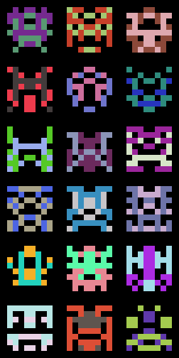 a 3x6 grid of multicolored 8x8 pixel aliens a la space invaders