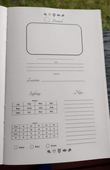A view of one of the journal pages. At the top is a blank box for drawing in. Below that are spaces for the creature name, a description, and where it can be found. Lower left has boxes to mark which months and hours the creature has been found in, with check boxes for weather. Bottom right is a small section for notes.