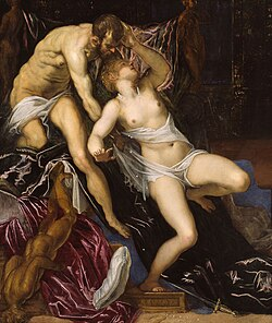 A Mannerist painting, depicting a legendary scene from Roman history. A nude man and woman struggle (he is attempting to assault her), while a pillow is thrown, a statue is overturned, and a pearl necklace breaks. There are multicolored fabrics draped here and there, the two humans are wound in sheets, and a dagger lies at the bottom, hinting at his threat of violence..and her suicide later.