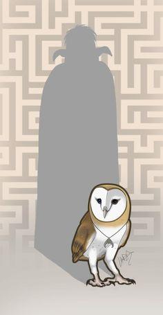 Illustration of a barn owl wearing a pendant, its shadow is Jareth's humanoid form against a wall with a labyrinth pattern.

There is a signature by the owl, but I'm afraid I can't make it out.