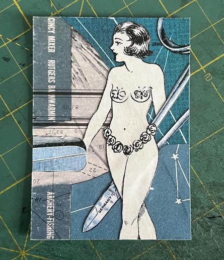 Paper collage on the back of a trading card. In the foreground a 1920s illustration of a woman wearing a flower wreath around her waist and butterflies covering her breasts. In the background are astronomical illustrations and illustrations of scissors from a vintage catalog. A strip along the side shows the text CINCY MIXER - RUTGERS BARNWARMIN
ARCHERY FISHING