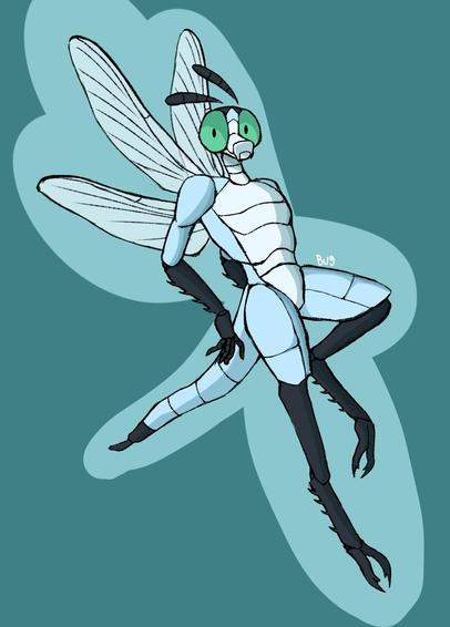Art of Tajoma, my blue dasher dragonfly fursona, in a pose that looks like skidding to a halt. He's looking to his right with a closed smile and wide bug eyes, and his 4 wings are pointed up. One of his legs is raised.