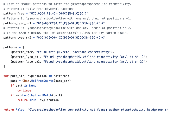 Learned program for glycerophosphocholine, which converged on a pattern involving matching one of three smarts strings:

    # Pattern 1: fully free glycerol backbone.
    pattern_free = "OCC(O)CO[P](=O)(O)OCC[N+](C)(C)C"
    # Pattern 2: lysophosphatidylcholine with one acyl chain at position sn-1.
    pattern_lyso_sn1 = "OC(=O)OCC(O)CO[P](=O)(O)OCC[N+](C)(C)C"
    # Pattern 3: lysophosphatidylcholine with one acyl chain at position sn-2.
    # In the SMARTS below, the '*' after OC(=O) allows for any carbon chain.
    pattern_lyso_sn2 = "OCC(OC(=O)*)CO[P](=O)(O)OCC[N+](C)(C)C"