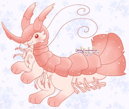 this is prawn jovi, a prawn/shrimp themed furry character, its back shell is a pink, while its under fuzzy belly is a yellow with pink paws and claw arm things

he has long whiskers