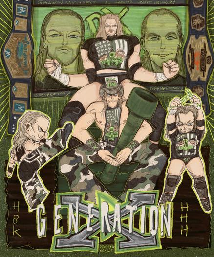Composition of an illustration of shawn michaels and triple H, main illustration at center is them posing on a tank triple H is at the back standing up while michaels is bent pointing his hands to his crotch, at the sides there are two chibis of them, at the left is michaels doing the sweet chin music move and triple H at the right is posing with his hands up at the upper sides, the two belts they won together and at the bottom is the D'generation X logo, in the back there is a screen with their faces in a close up.