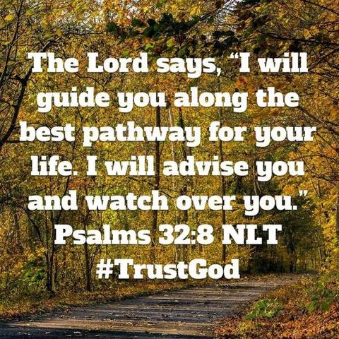 The Lord says, "I will guide you along the best pathway for your life. I will advise you and watch over you." Psalm 32:8 NLT #TrustGod

Background are yellow trees, apparently in autumn