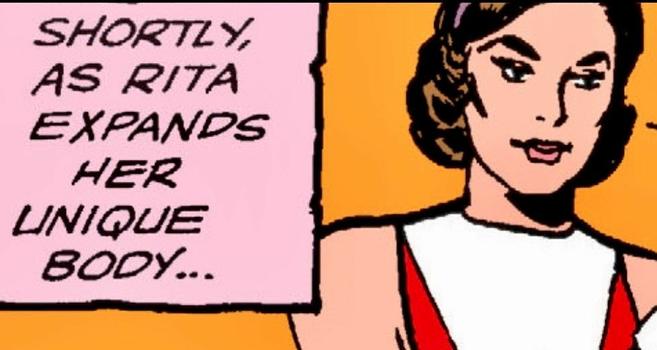 Elasta-Girl stands panel right looking downward. Narration: "Shortly, as Rita expands her unique body...."