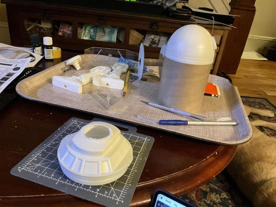Plastic and cardboard components for the R2D2 flying model rocket.