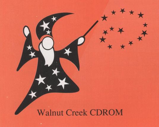 The classic Walnut Creek CDROM wizard logo. A stylized line drawing. Wearing a black robe with white stars of varying sizes, with a perfectly round head/face (perhaps intentionally CD-like) and a white beard. He is mostly facing us, right hand held up somewhat high, left arm fully extended, hand holding a simple wand, which is emitting or tracing a clockwise swirl of a series of black stars. The hands are simplified and rounded (no fingers). The overall body posture is one of motion, perhaps even leaping up and forward slightly in the act of casting. This one is on a dark-ish orange background. "Walnut Creek CDROM" appears below.