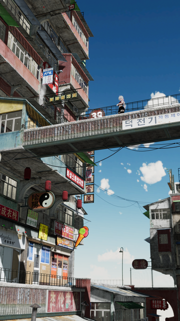 VR Photo showing a very dense Chinese city, building that seem stacked up vertically. A bridge is connecting two buildings from each side of a supposed road, with an anime girl (my avatar) leaning on the railing and looking down below
