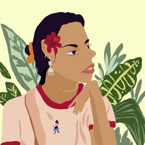Digital illustration of a girl in nature. Imaginative Friday kahlo style.
