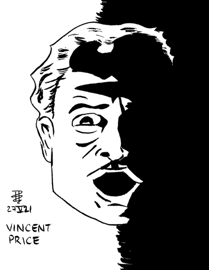 Black and white pen and ink sketch of Vincent Price