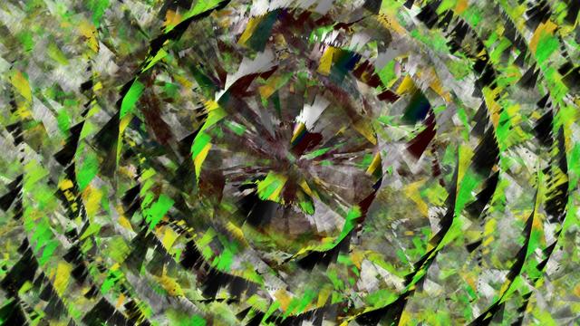 The first layer, jagged, circular, wavy, green, yellow, with burgundy, peach, white. I like this one a lot. It took a while to tune and time it to build it up exactly like this.