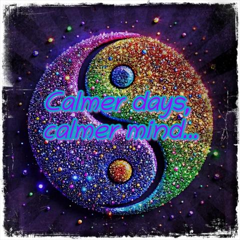 An artistic Yin-Yang symbol made of tiny, multicolored beads, blending deep blues and purples with vibrant greens and yellows. The textured background adds depth, while scattered beads enhance the contrast. Overlaid in neon blue and pink is the phrase ‘Calmer days, calmer mind…,’ reinforcing themes of mindfulness and balance.