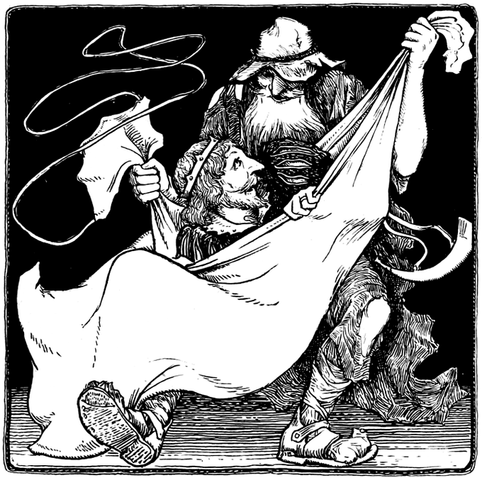 King Pwyll uses trickery to trap his enemy, the fairy Gwawl, in a bag. Illustration by John D. Batten.